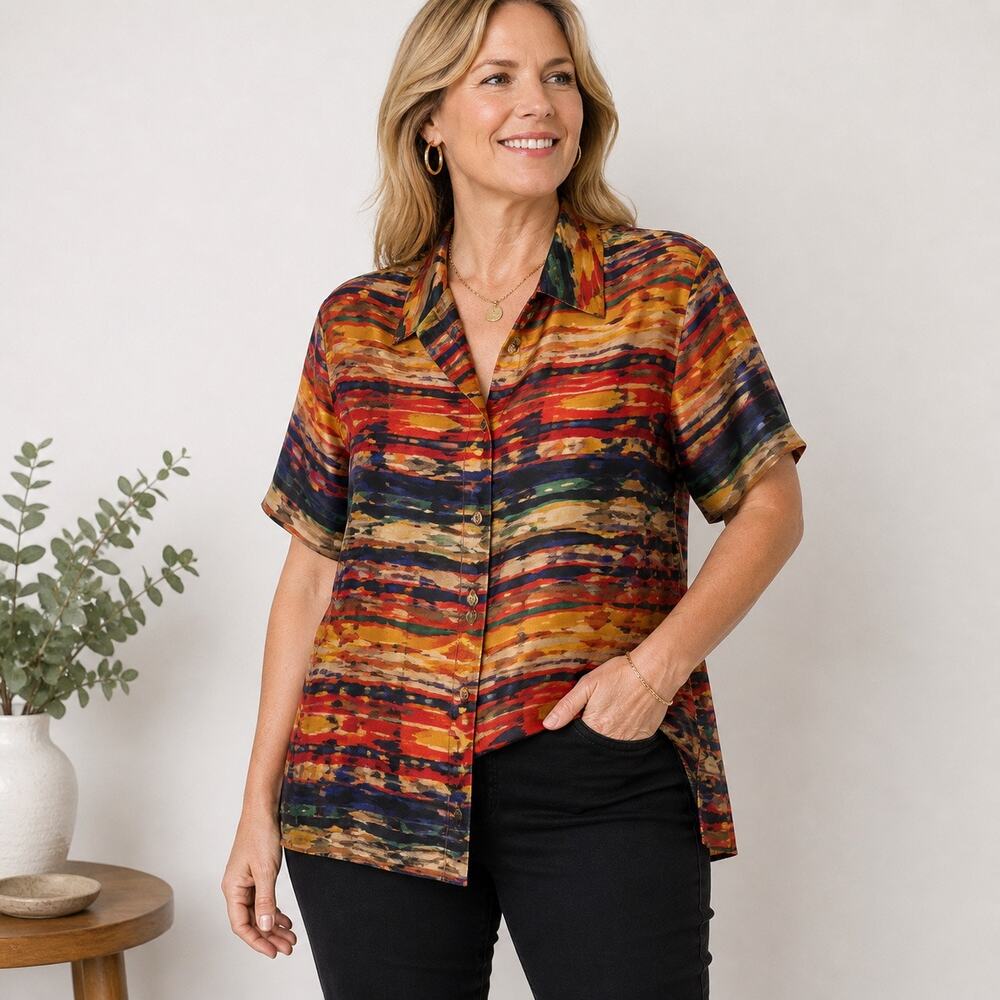 Jones New York Multicolor Silk Abstract Button Front Blouse Sz 12